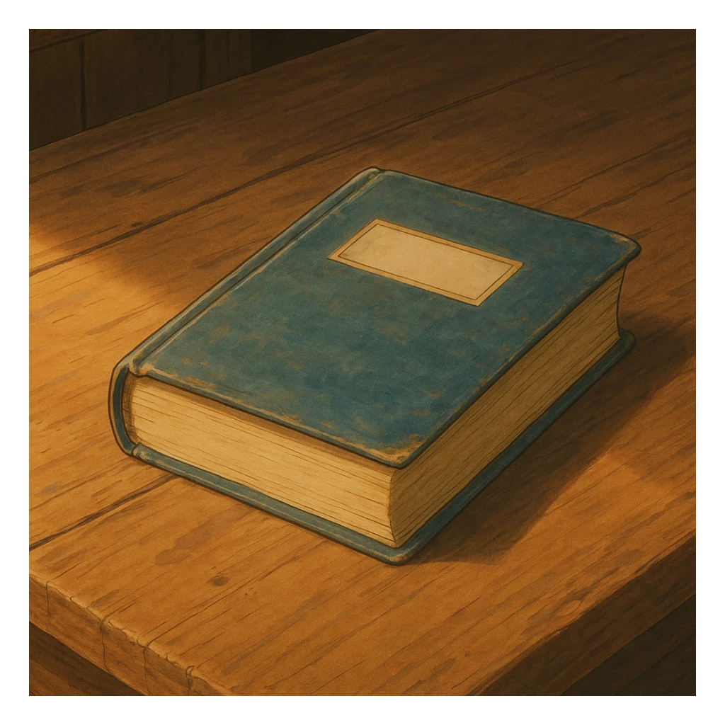 realistic ghibli style illustration of a book on a wooden table sticker