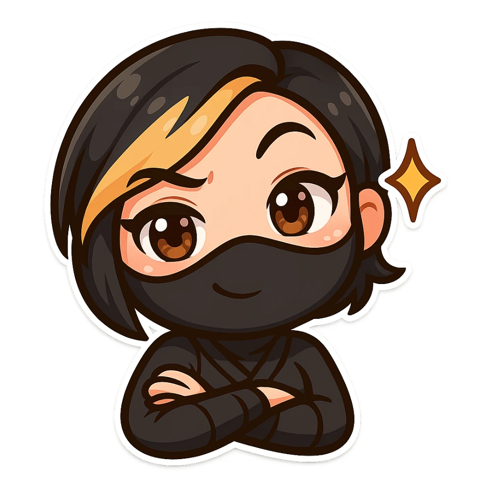 Make the design even more kawaii chibi: super cute, big sparkling eyes, rounder face, smaller mouth, extra soft colors, sexy chibi ninja girl with black short hair and a blonde streak, only head and arms, colorful chibi style, bold outlines, transparent background, no mask, extra smug grin with both eyebrows raised and a little sparkle by her face, sized for Twitch emoji use. sticker