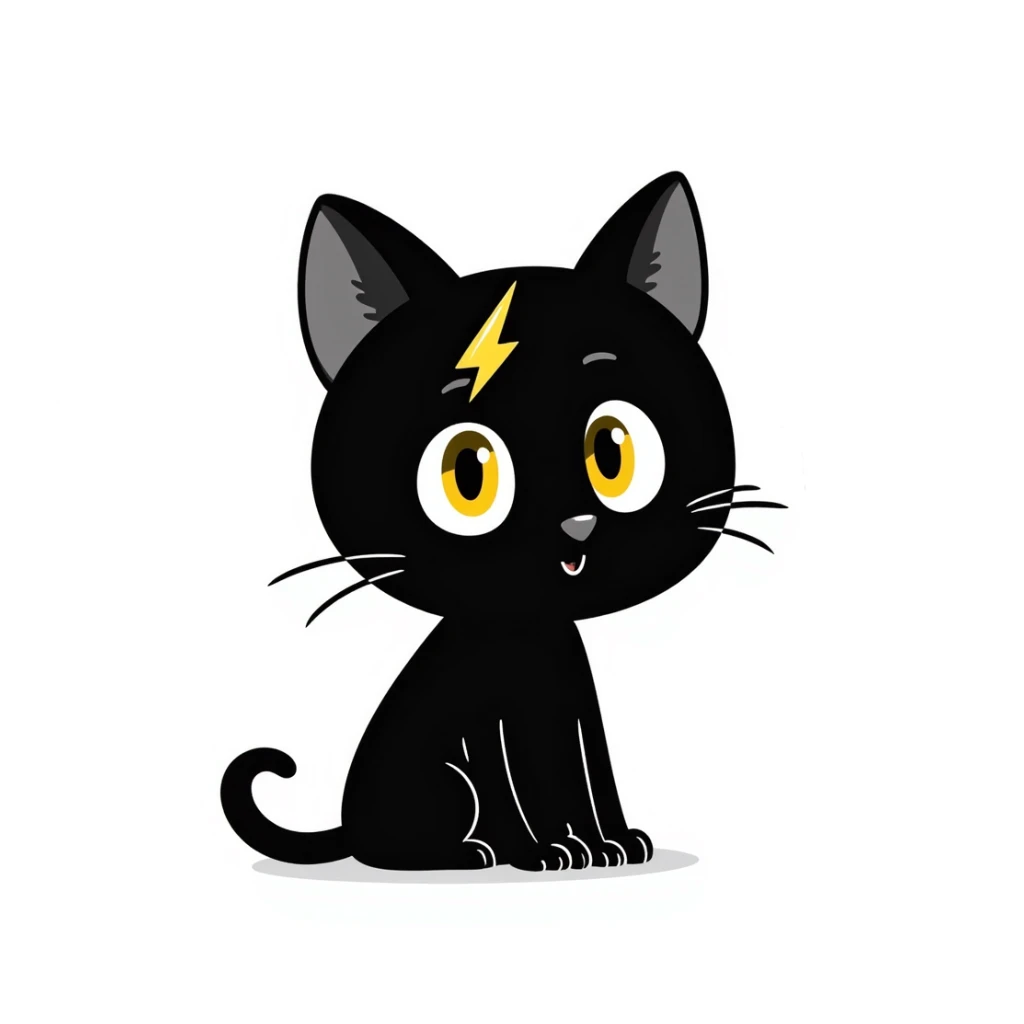 cute black cat with big yellow eyes, thunder scar on forehead like Harry Potter sticker