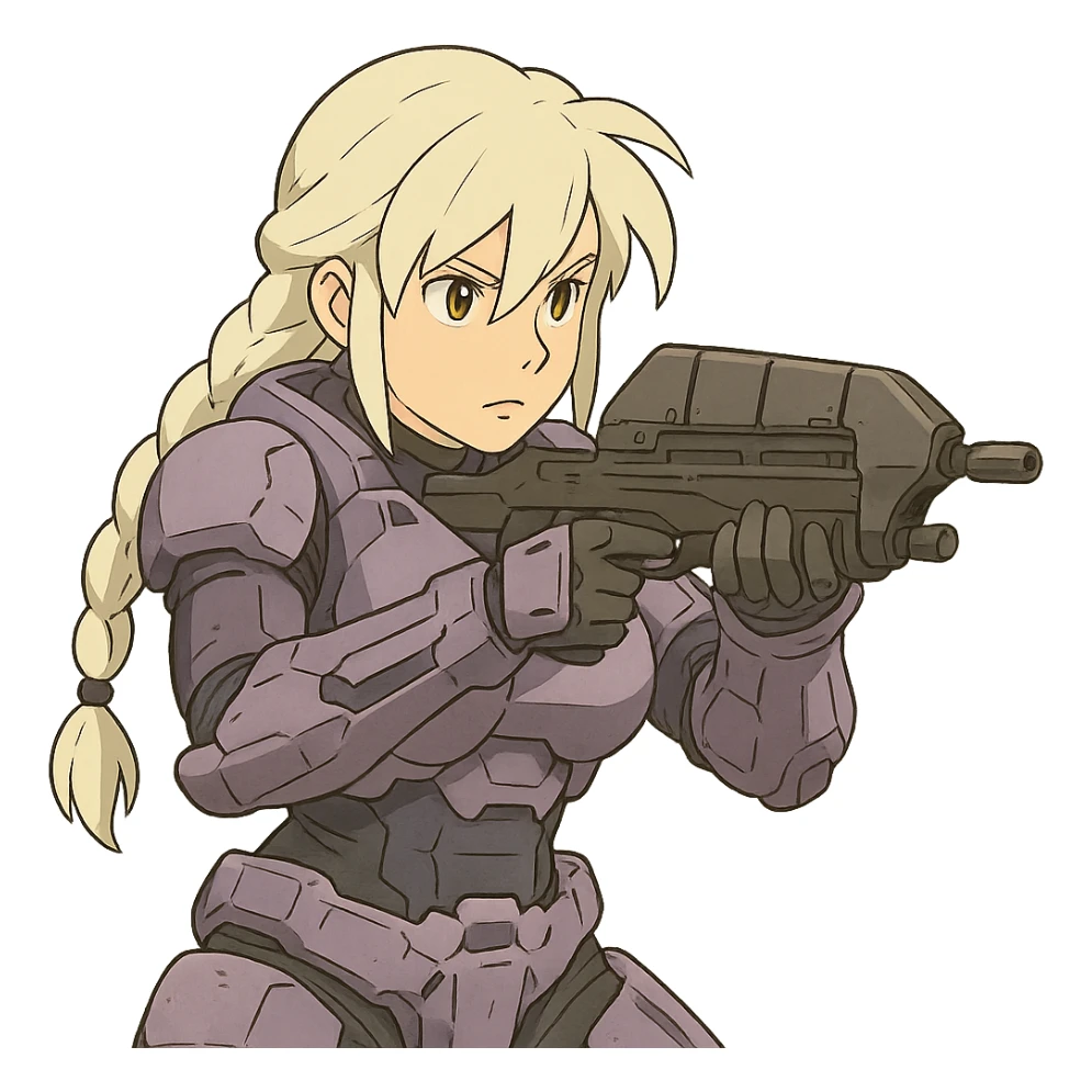 female, wearing reach spartan armor shoulder-unequip, long white braid hair with massive messy front side single bangs, gold yellow eyes, attention pose, HALO:series, no helmet, the armor is lavender color scheme, shoulder pad off. DDD bust size fitting. ,  aiming a classic HALO1 AR, tactical, lean sticker
