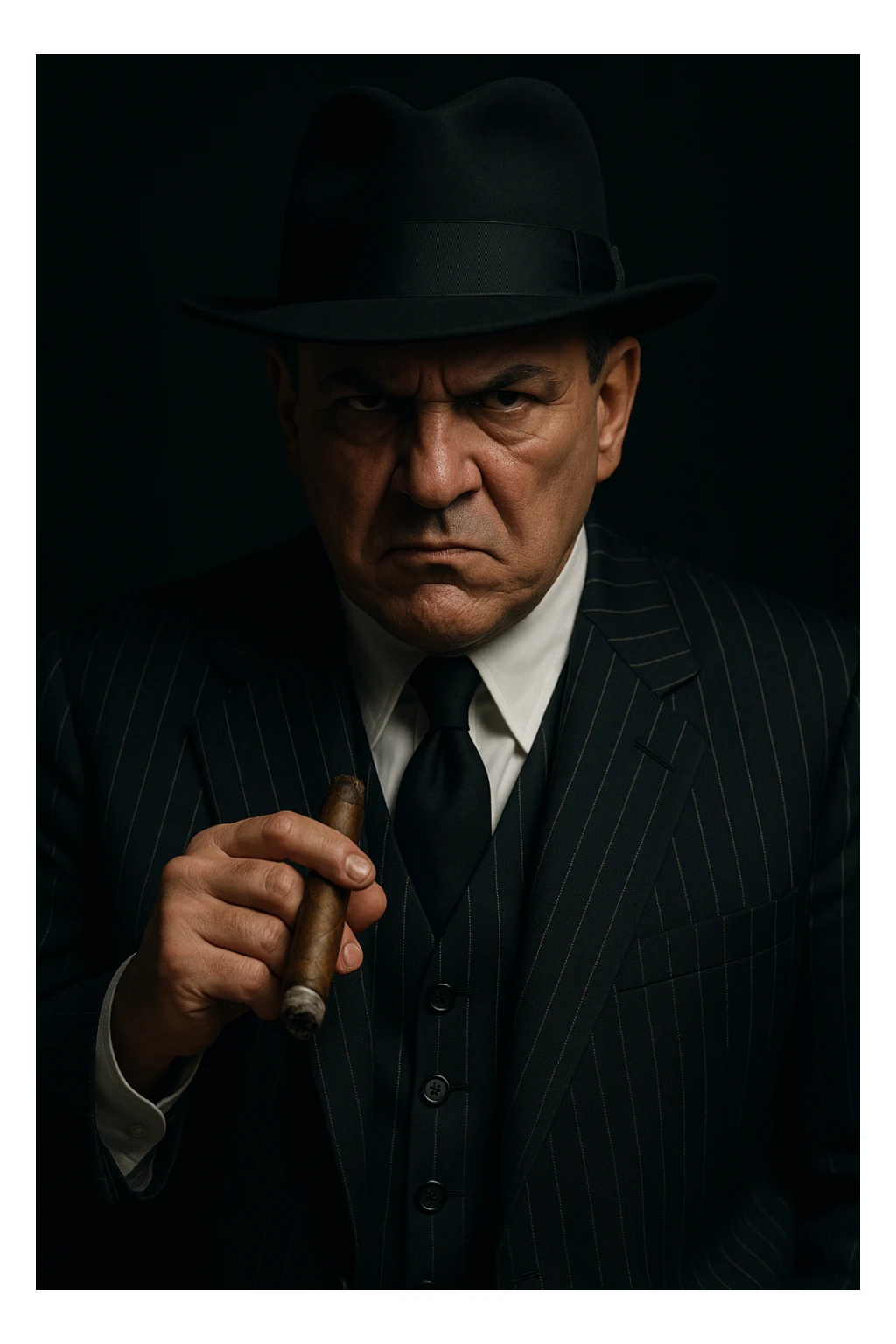 mafia boss, classic pinstripe suit, fedora, cigar, intimidating expression, dark background sticker