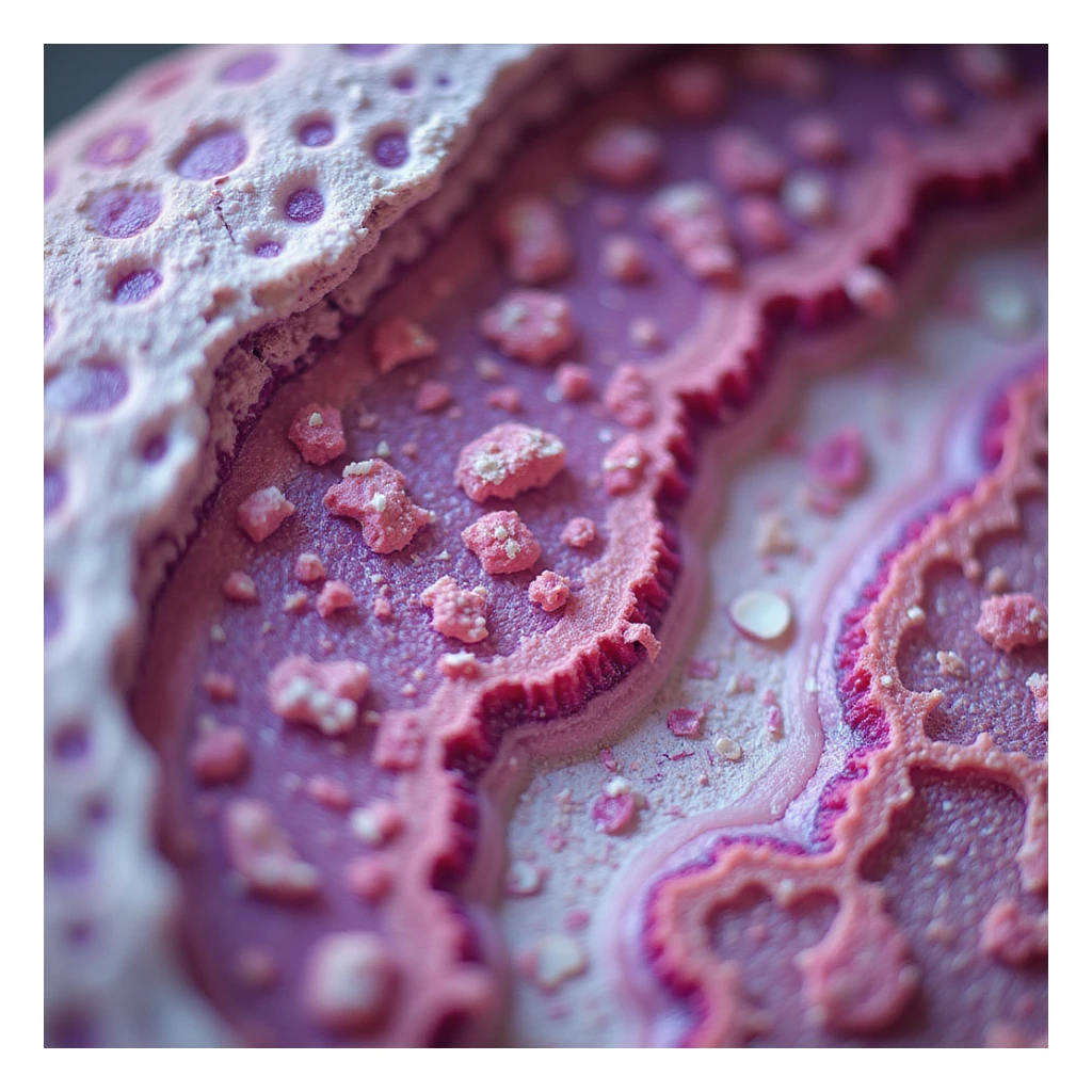 close-up of endometrial tissue under microscope, highlighted inflammatory cells, vivid colors showing inflammation, scientific style, white background sticker