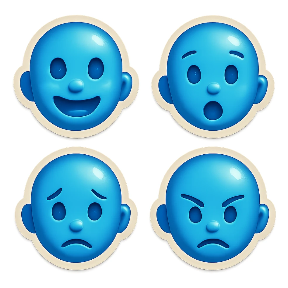 Create four similar variants of this emoji image, maintaining the emoji style and blue color, but with different facial expressions. sticker