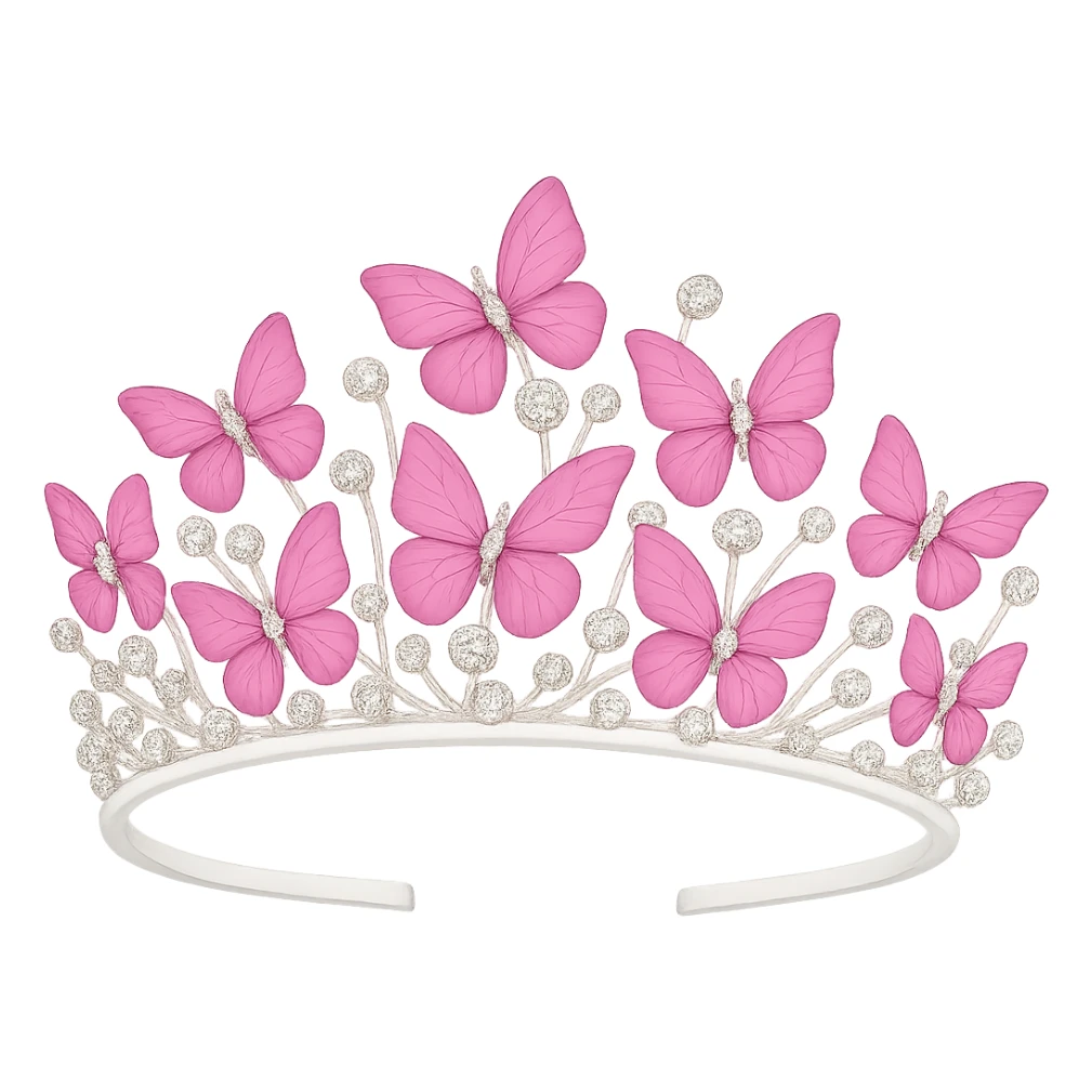 Make the base of the butterfly crown white, keep the vibrant pink enamel butterflies and sparkling gems, with no background. The style should maintain the vibrant and sparkling look of the original images. sticker