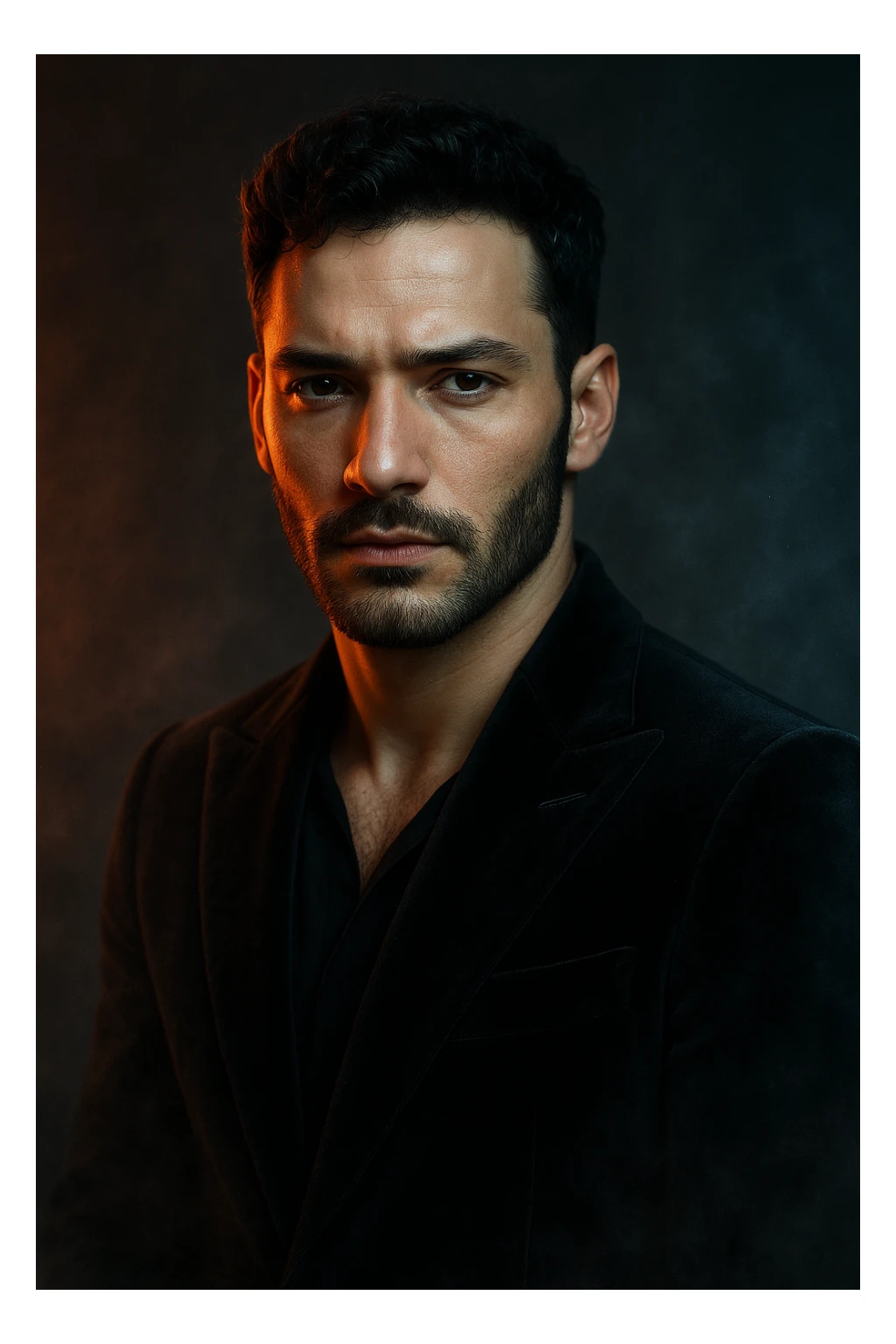 Usa questa immagine come riferimento per creare un ritratto iperrealistico e ravvicinato di un carismatico nodello maschile, ambientato in un contesto editoriale suggestivo. I volto è illuminato da fasci di luce ambrata e blU ghiaccio che contrastano tra loro, esaltando la simmetria marcata della mascella, la sottile barba incolta e uno sguardo penetrante e sicuro. I| modello indossa una giacca sartoriale scura in morbido velluto, leggermente sbottonata sul colletto. Lo sfondo sfuma in un profondo gradiente antracite con una delicata foschia cinematografica e sottili bagliori di luce. Un lieve velo di nebbia avvolge la sua silhouette, accentuando un'atmosfera sofisticata e misteriosa. L'effetto complessivo evoca un'eleganza di alta moda con un tocco moderno e malinconico, ideale per una campagna pubblicitaria di lusso o per la copertina di una prestigiosa rivista. sticker