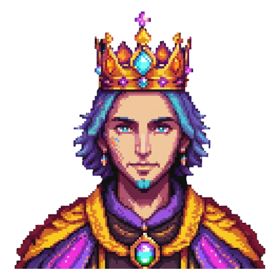 powerful human mage with detailed face and crown, surrounded by vibrant colorful aura sticker
