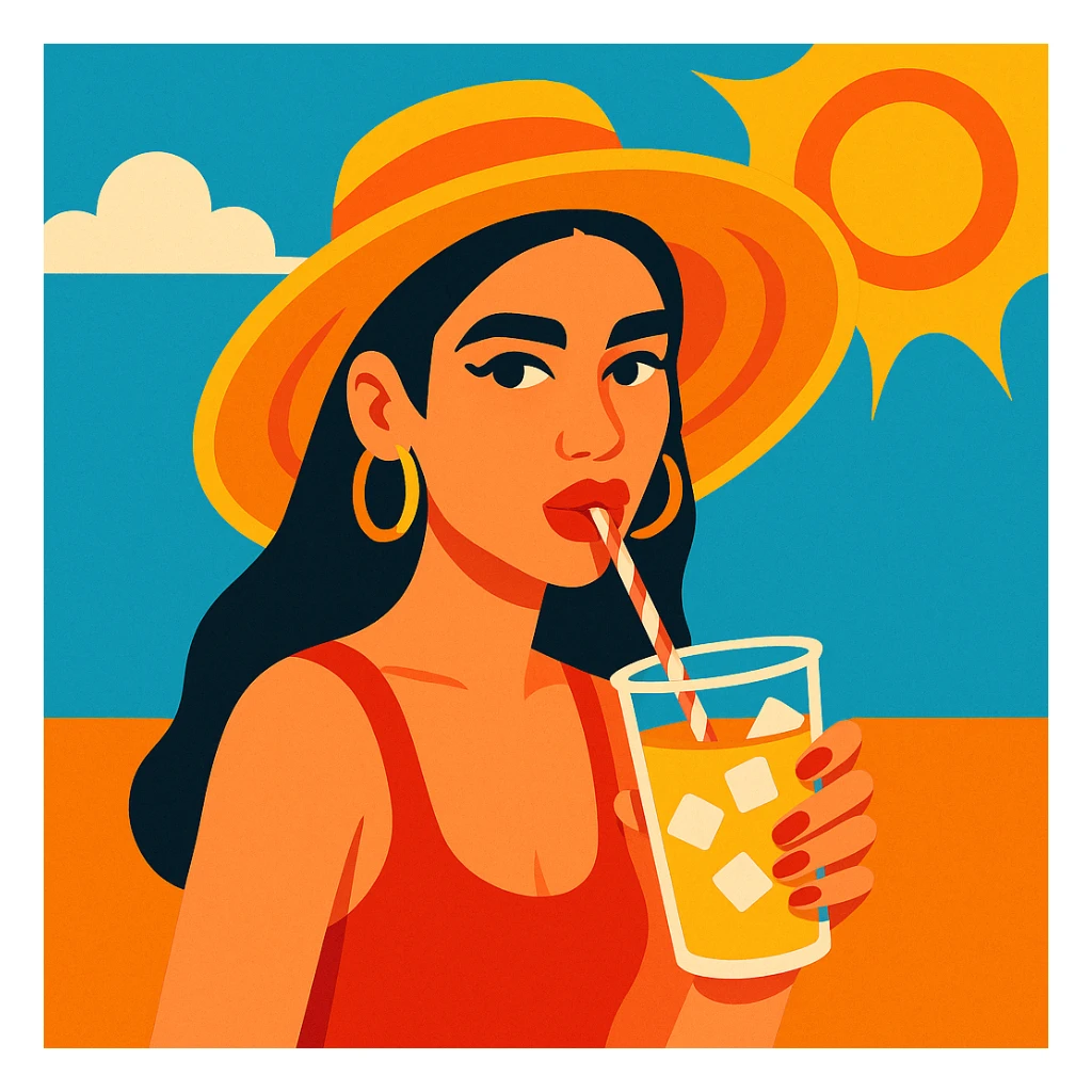 Dua Lipa sipping a cold drink, summer hat, bright, sunny background sticker