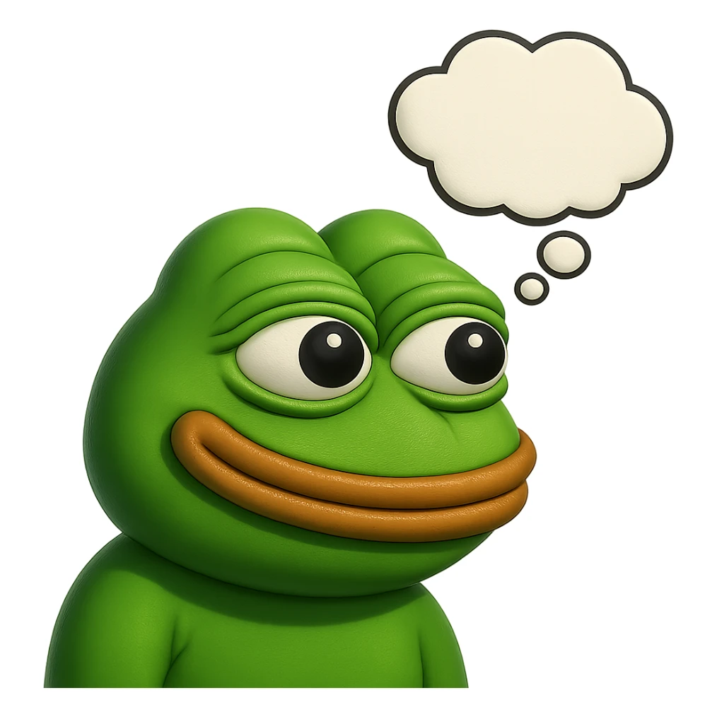 make a pepe in bright green smiling with thought bubble looking at right side in 3d style, good highlights and shadows, drop shadows sticker