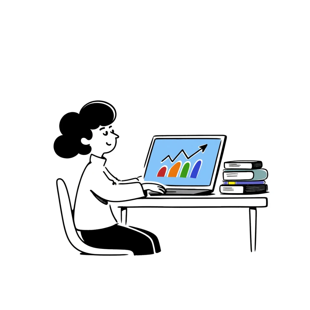 Academic research setup with an open laptop, stack of colorful books, and a rising data chart graph with upward trend. Hand-drawn doodle style with blue laptop screen, multicolored book spines, and a colorful bar chart. sticker