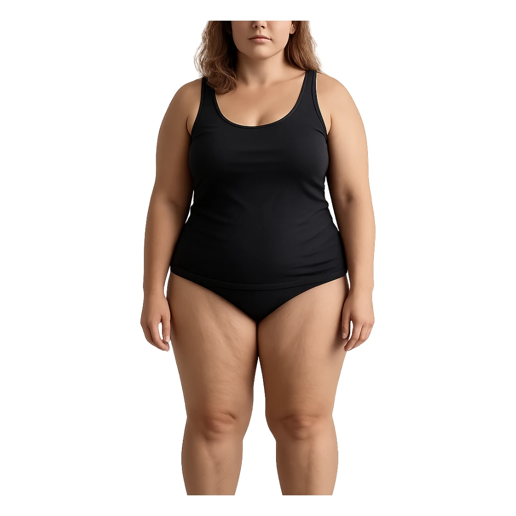 hyper realistic 4K woman standing, visible fat on thighs and legs, normal physique, skin details, natural light sticker
