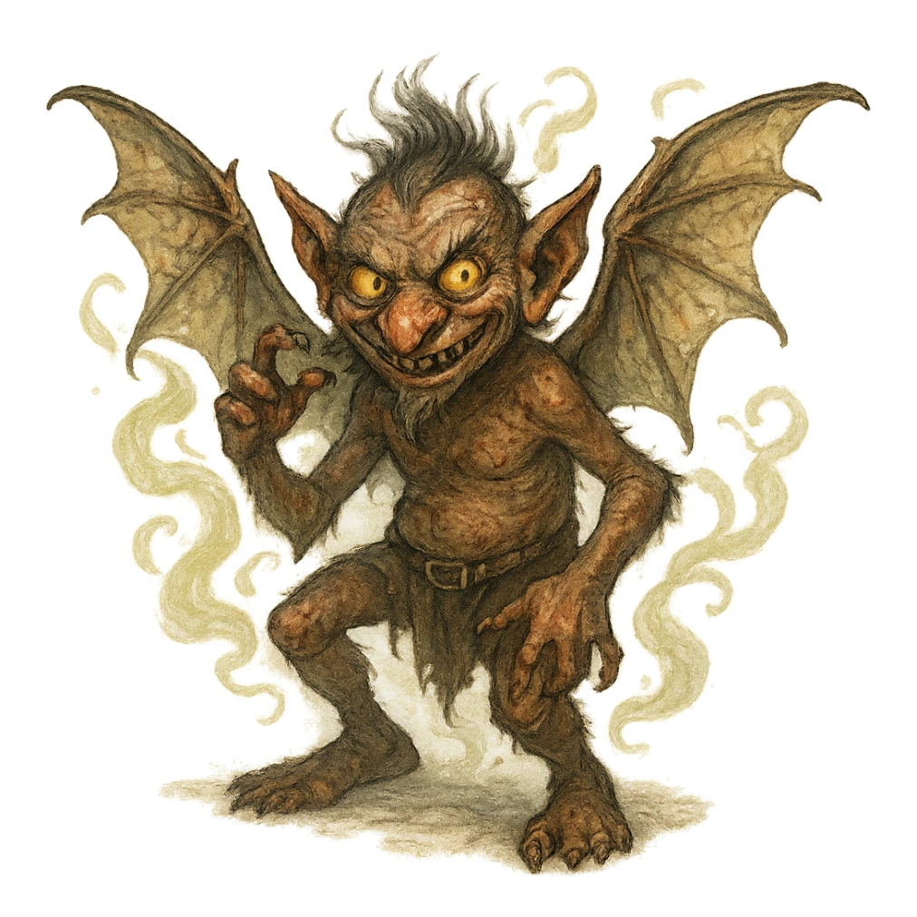 Igor the mephit, mischievous small winged creature, fantasy style, detailed, magical, fantasy setting sticker