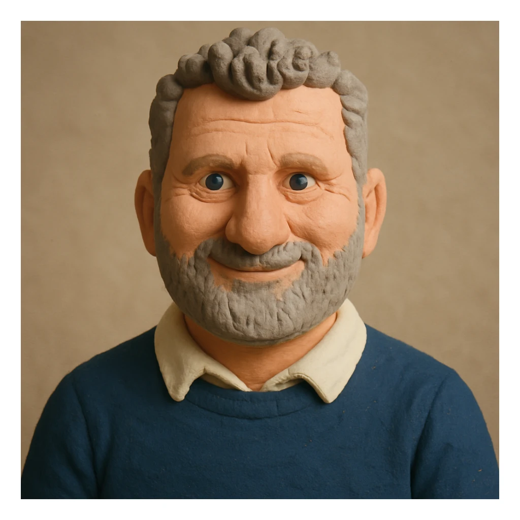 Create a claymation-style portrait emoji of the person in the reference image, with a friendly expression, pastel colors, and visible clay texture, showing head and shoulders only. sticker