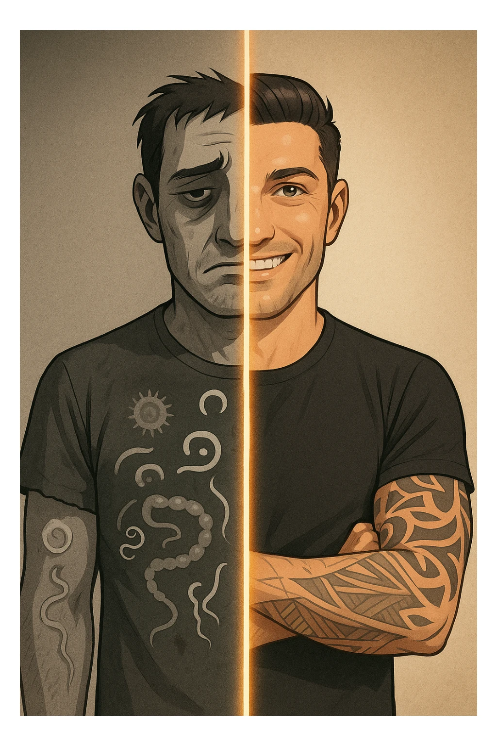 a man is depicted in two halves—on one side, he appears tired and weighed down, with faint, ghostly images of parasites visible inside his torso; on the other side, he is vibrant and healthy, with clear skin and bright eyes, the parasites gone. A visual transition or glowing line separates the two states, symbolizing recovery. sticker