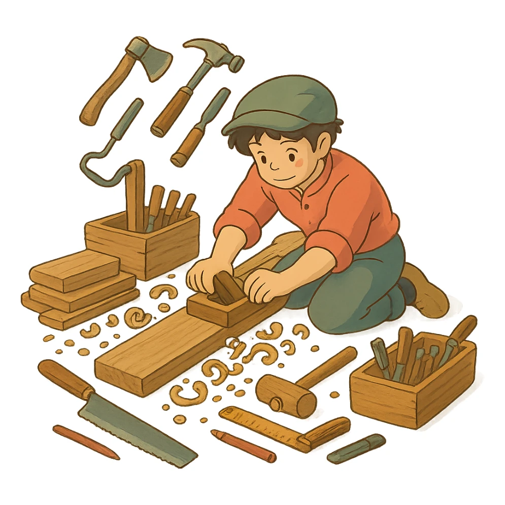 ghibli style woodworking scene with tools and wood sticker