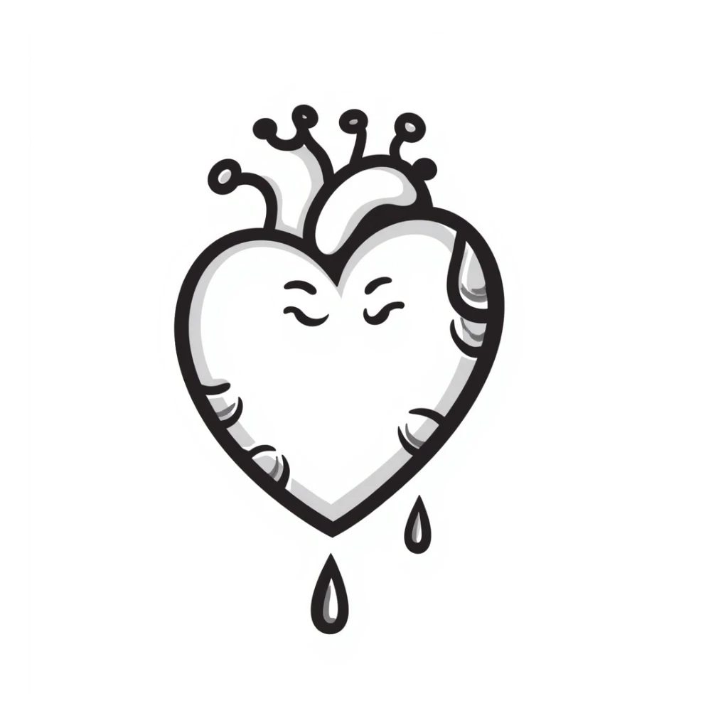 a melting heart, hand-drawn doodle style, sketchy, black lines, expressive sticker