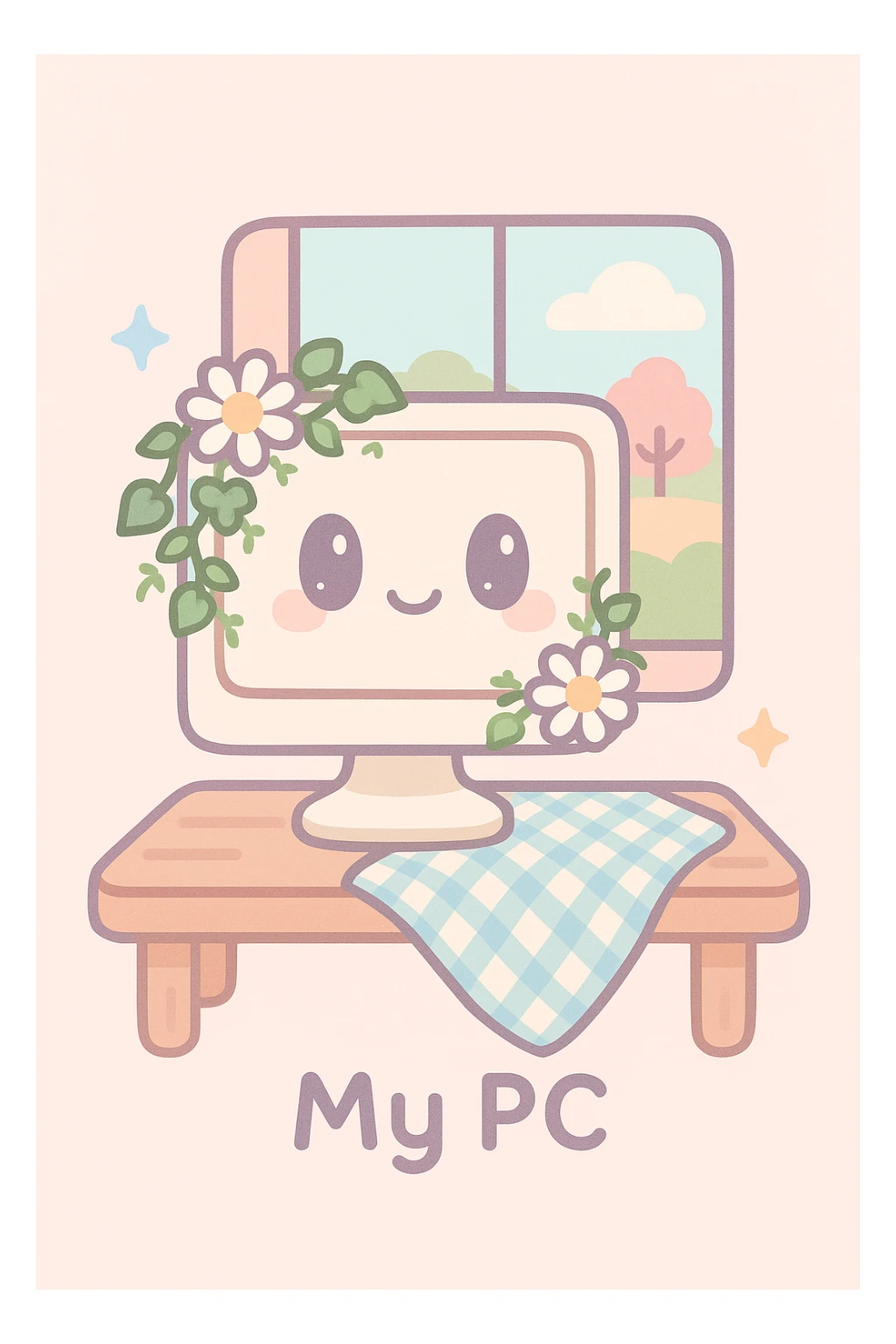 cottagecore 'My PC' icon: computer monitor with hand-embroidered look, decorated with daisies, ivy, gingham cloth, set on wooden desk with window showing countryside view sticker
