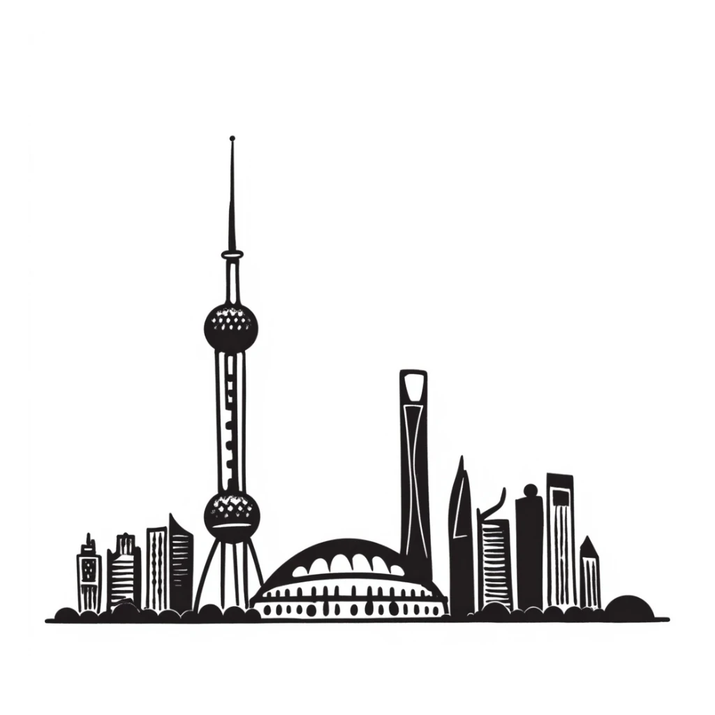 Shanghai city skyline, hand drawn doodle style, playful lines, black and white sticker