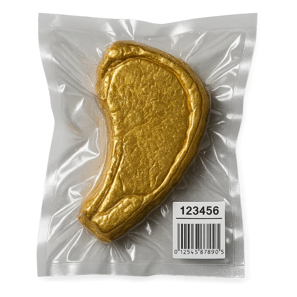 luxurious gold steak, glossy, vacuum-sealed style sticker