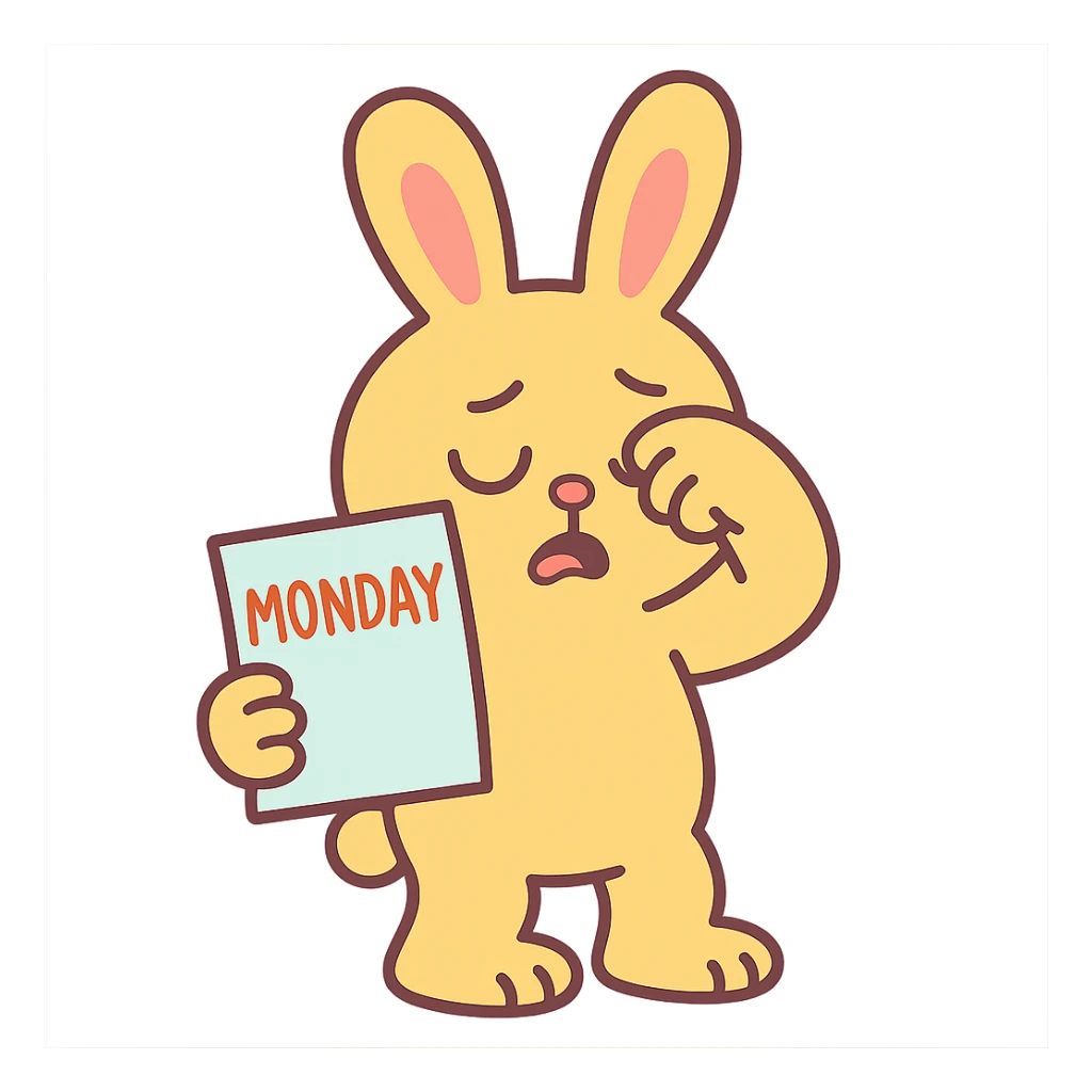 yellow bunny holding Monday memo while rubbing eyes, pastel toon style, soft colors sticker