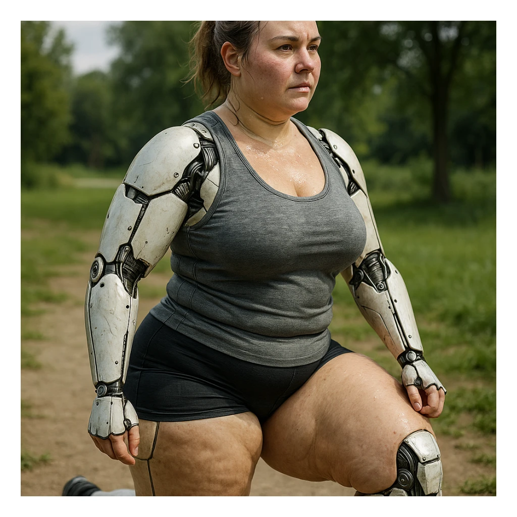 hyper realistic 4K gynoid woman training outdoors, fat on legs and thighs, realistic details, natural background sticker