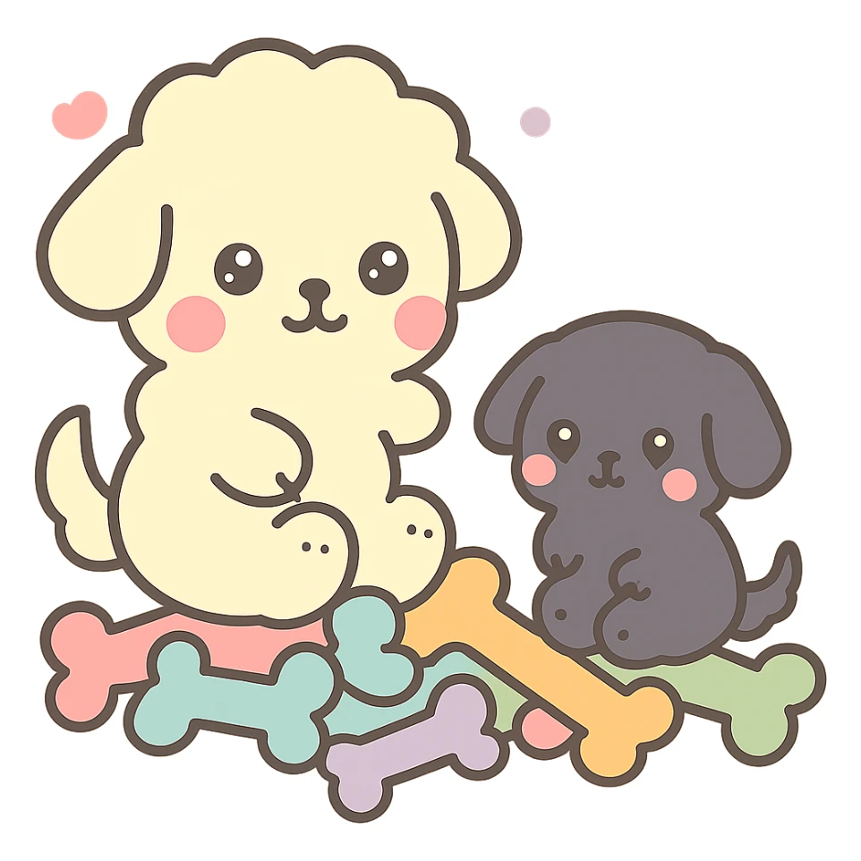 Make the black dog smaller compared to the cream dog, keeping the kawaii chibi style. Leave the cream dog and the pile of colorful bones unchanged. Transparent background. sticker