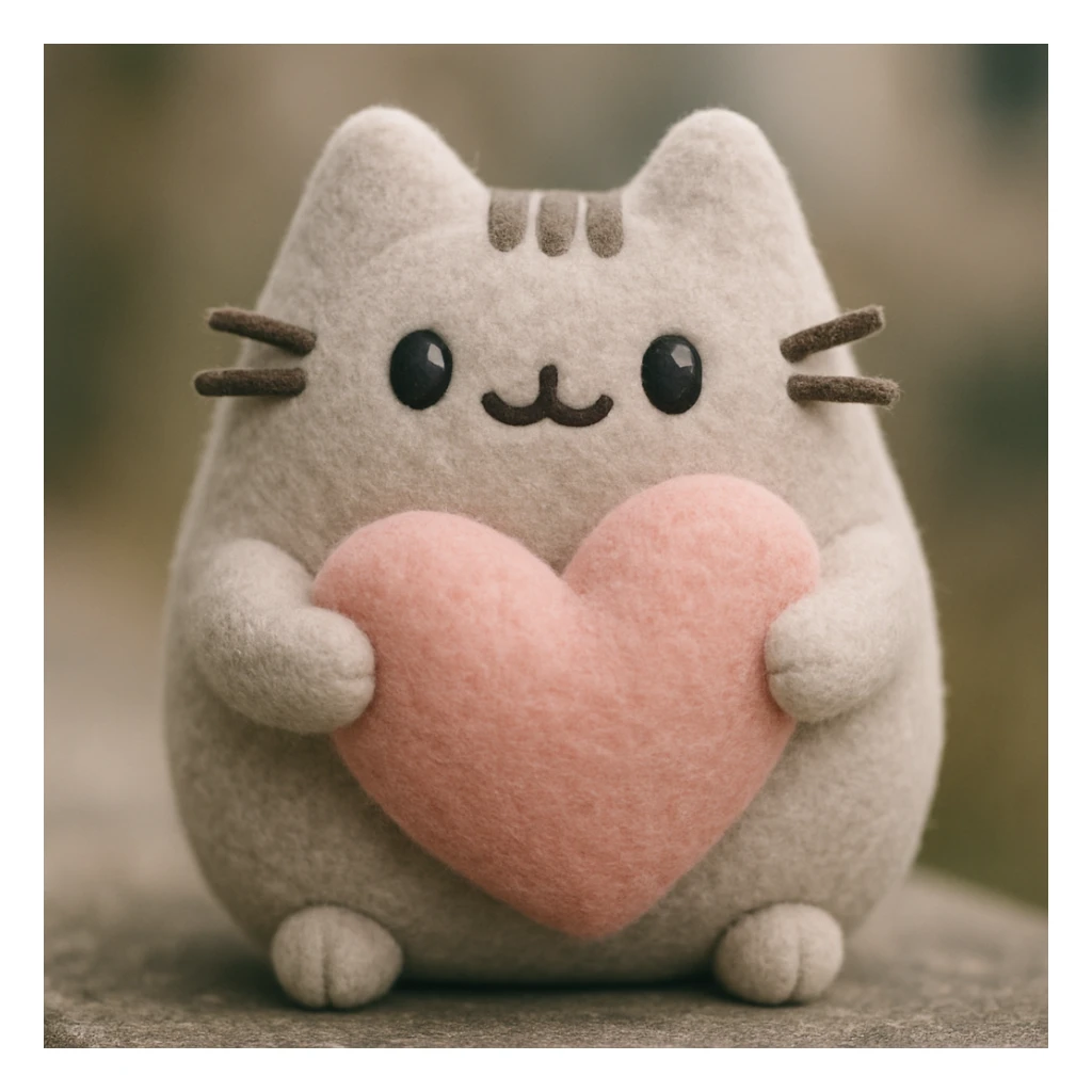 Pusheen hugging a big heart, pastel colors, adorable, plush portrait style sticker