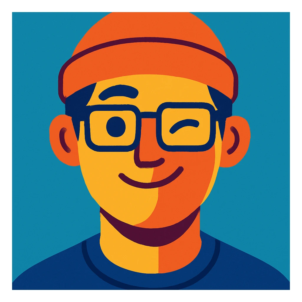 a guy with rectangle glasses wearing a beanie, winking, clean modern illustration style sticker