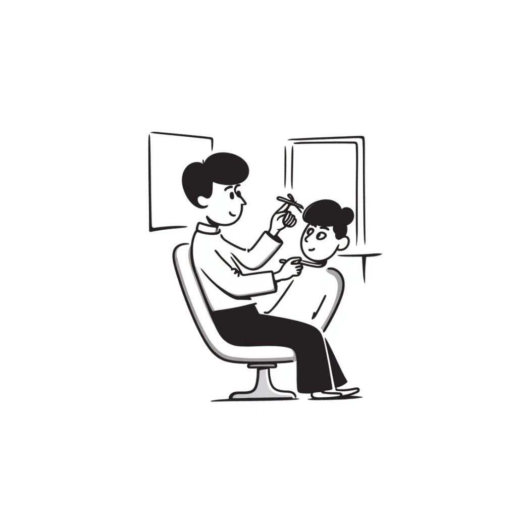 a soldier man getting a haircut, hand drawn doodle style sticker