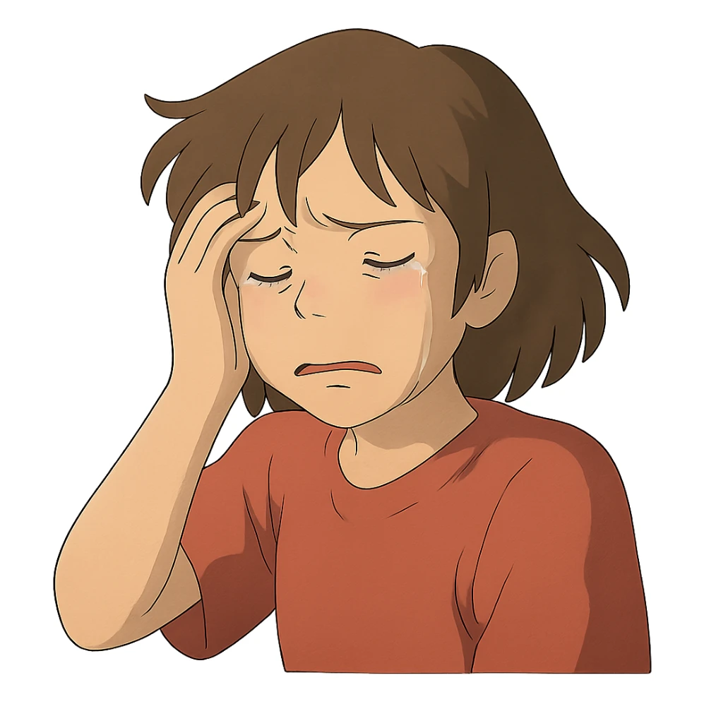 ghibli style sad girl with pained expression, hand on temple, headache sticker