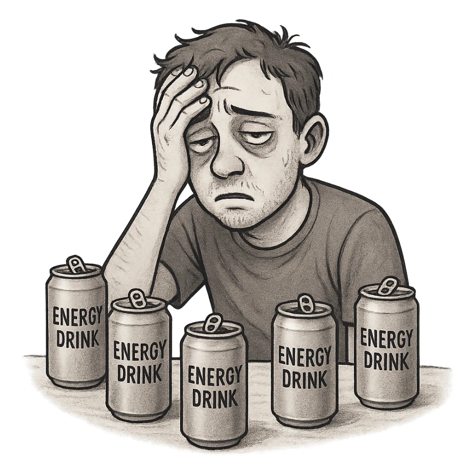 student with headache, hand on forehead, eyes half-closed, surrounded by empty energy drink cans, looking hungover sticker