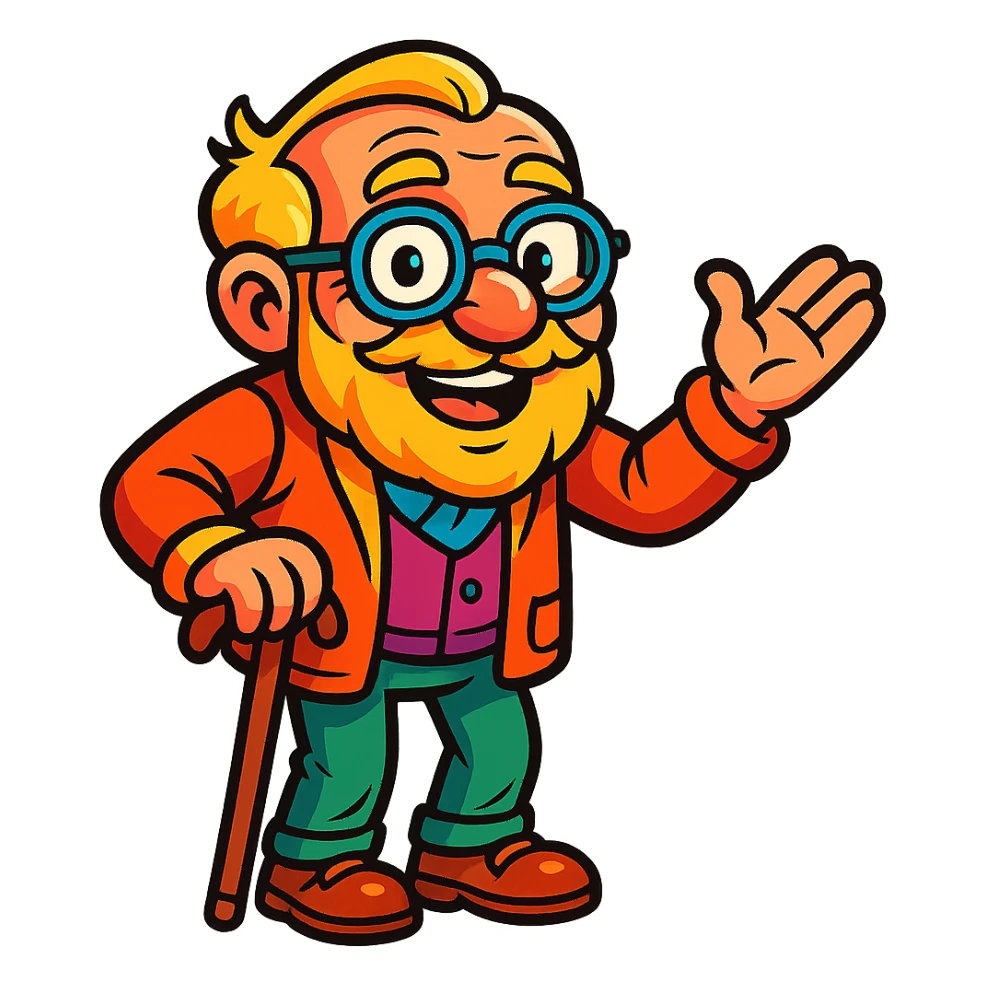 vibrant toon style old grandpa with bold lines and colorful sticker