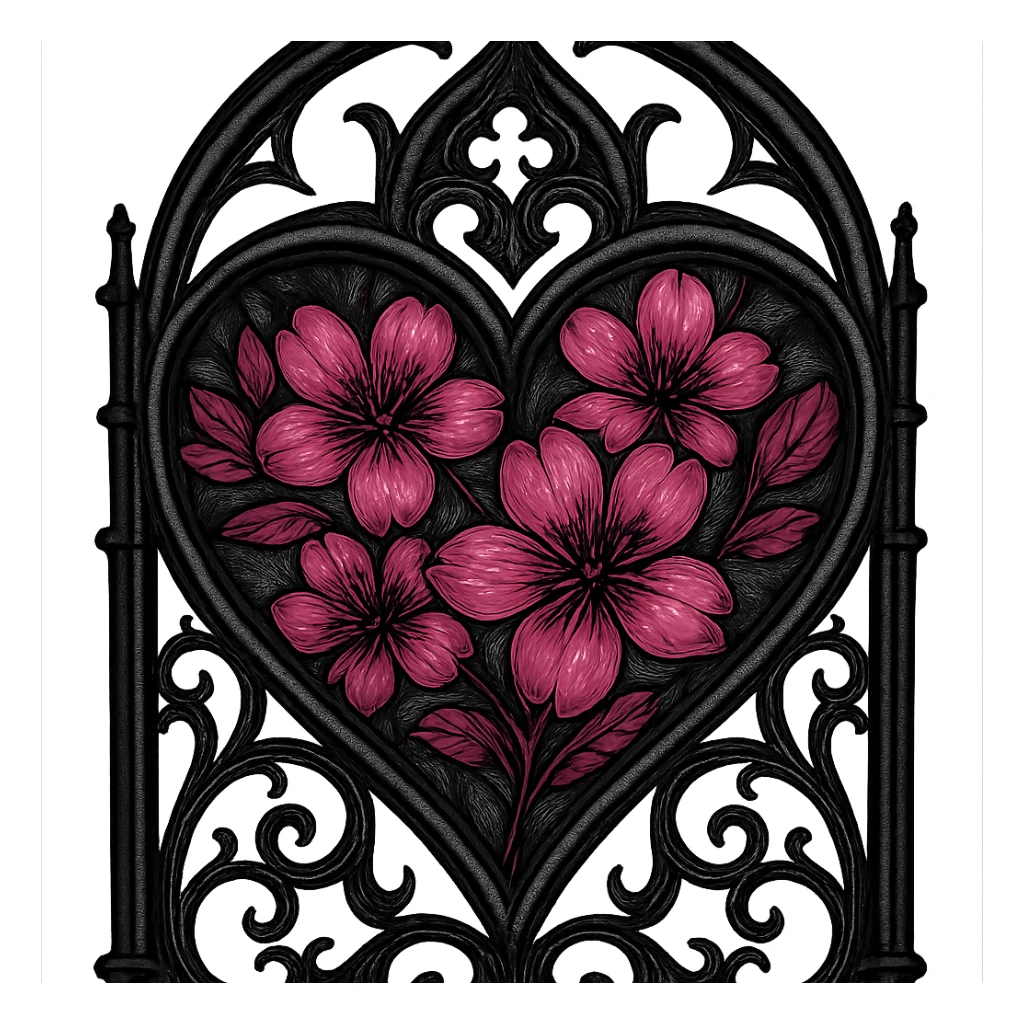 goth sakura heart, gothic stained glass, black lead lines, deep pink sakura, ornate and luminous sticker