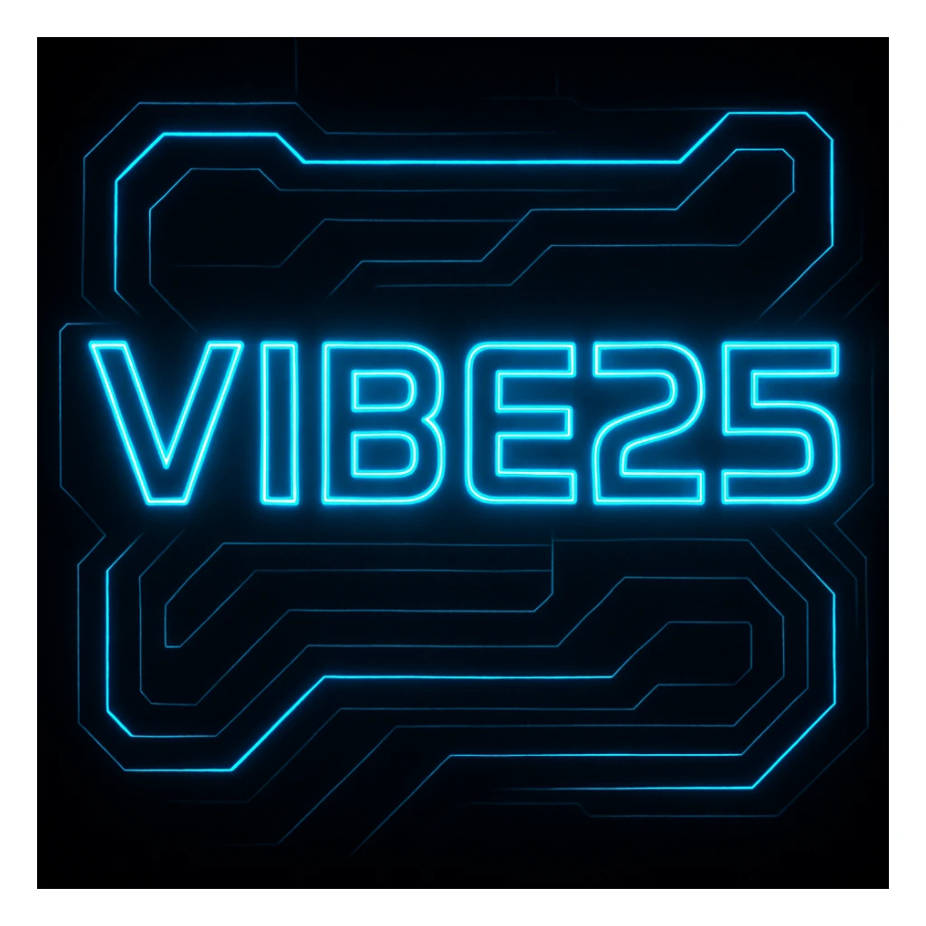 Add a strong neon blue glow around the VIBE25 logo, set the background to solid black, keep the Tron-inspired futuristic style with glowing lines and a high-tech digital aesthetic. sticker