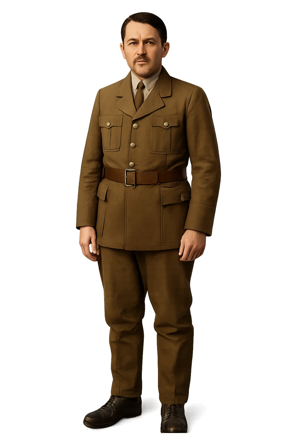 a man in a brown military uniform, square moustache, standing, no background sticker