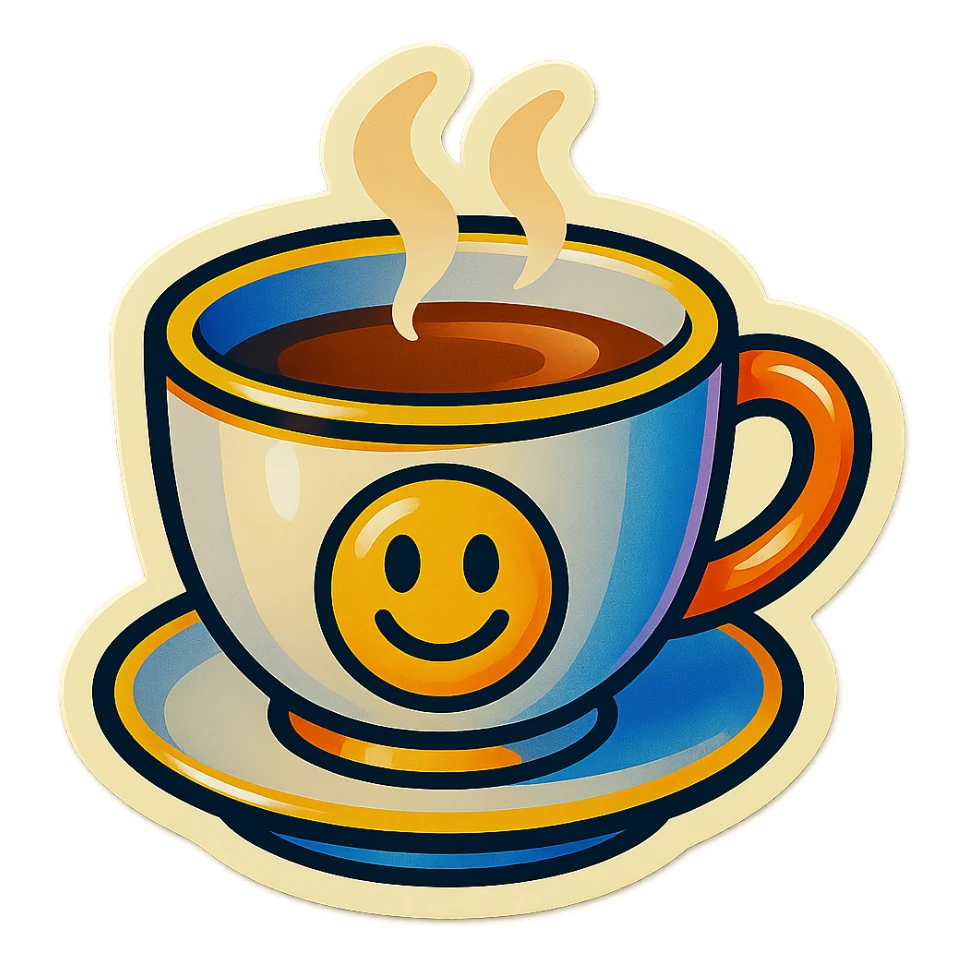 Hermès-style cup of tea, minimal design, Hermès orange handle, gold rim, cute emoji style, more variations, on white or transparent background sticker