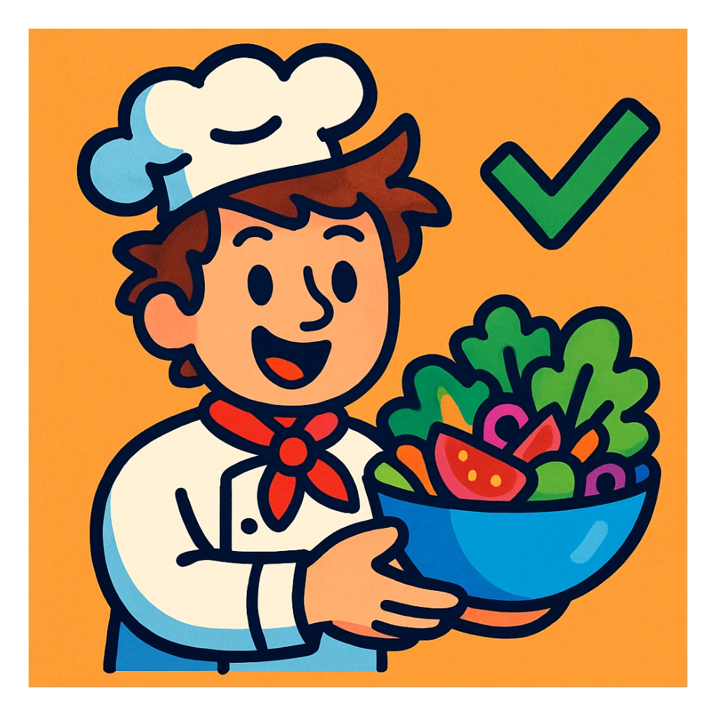 a chef with messy brown hair, wearing a chef's hat, offering a salad, with a green tick next to him, playful colorful style sticker
