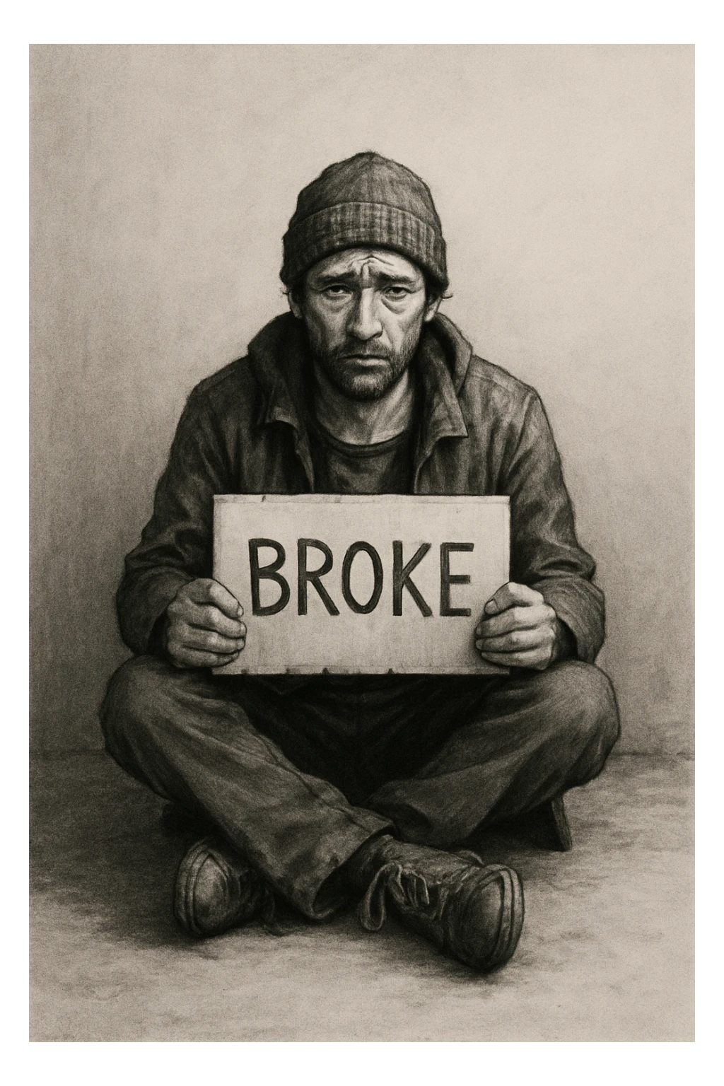 a broke man, sitting on the ground, holding a sign, simple background sticker