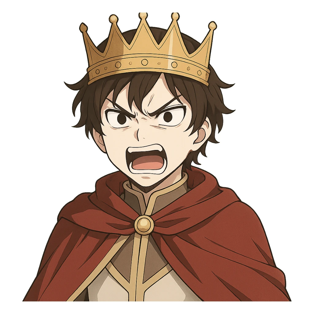 furious prince with crown, white complexion, black eyes, dark brown hair, anime style sticker