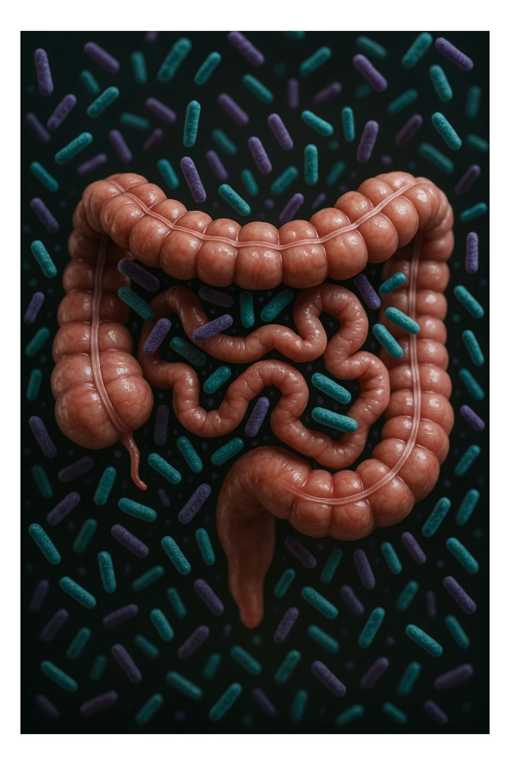 intestino umano anatomico realistico pieno di batteri intestinali viola e turchesi che gli fluttuano intorno, IPERREALISTICA 4K sticker