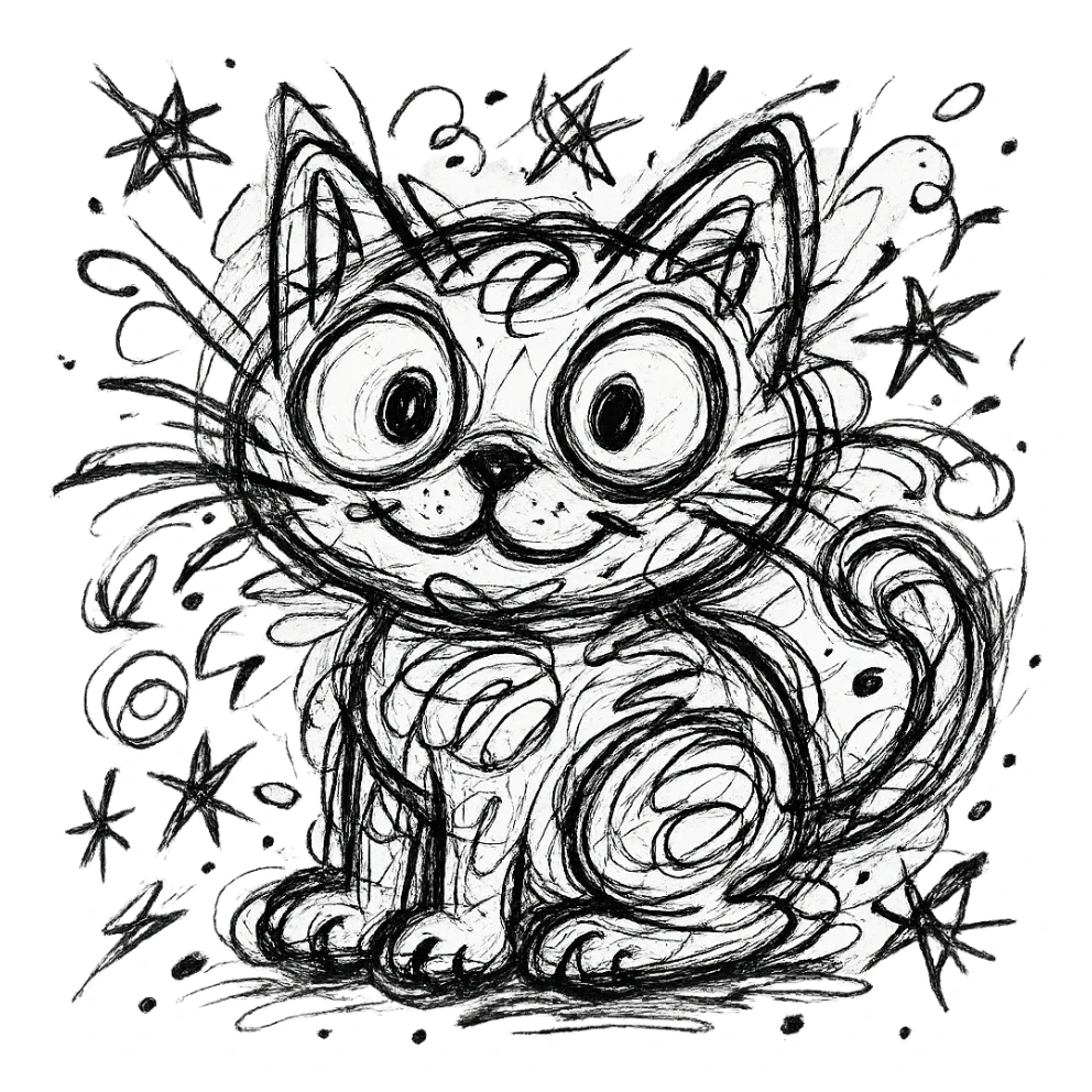 A cute cat in a chaotic doodle style sticker