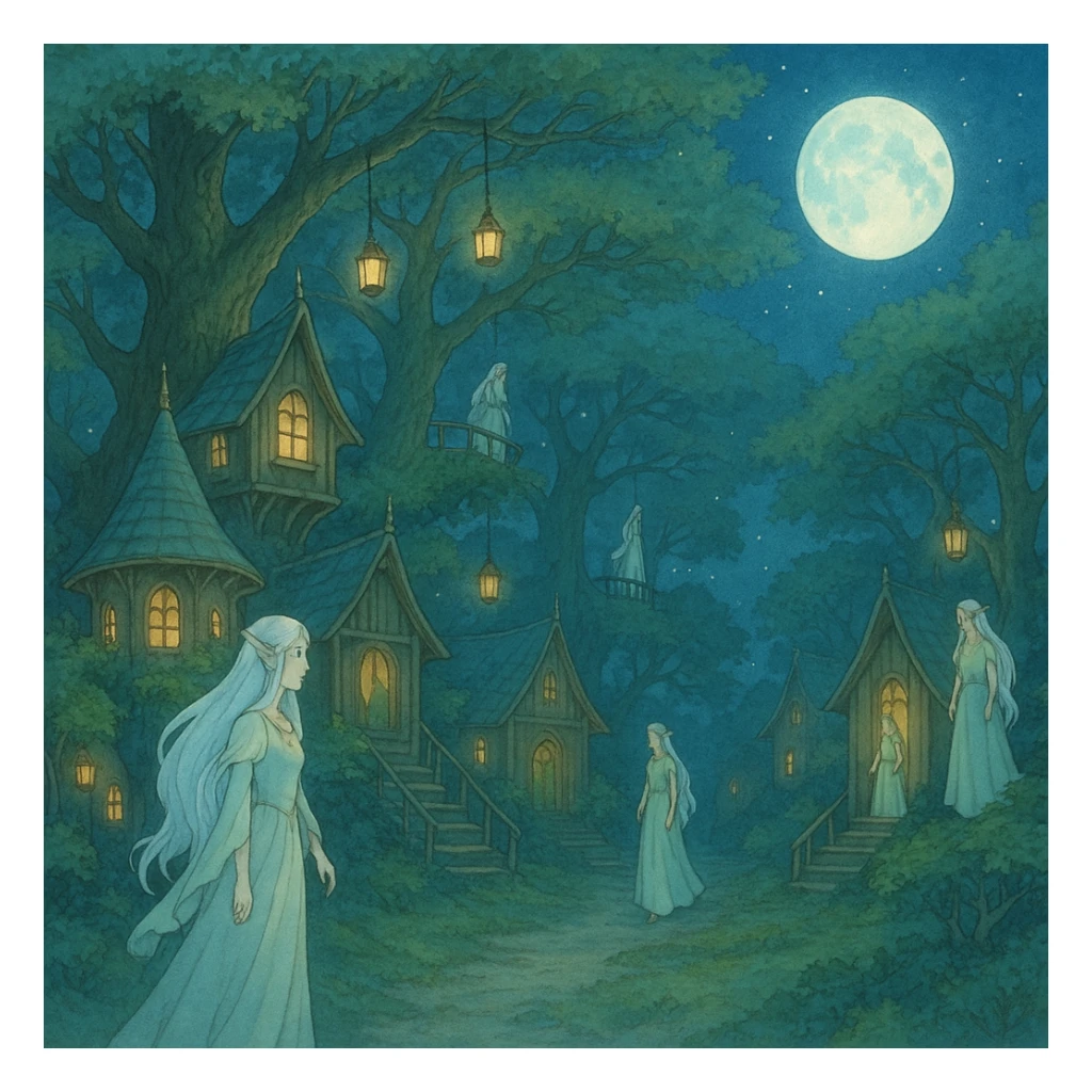moonlit elven village nestled in ancient trees, Ghibli-inspired fantasy style sticker