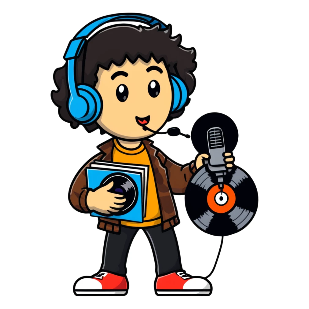 Nardwuar holding vinyl records and his signature microphone sticker