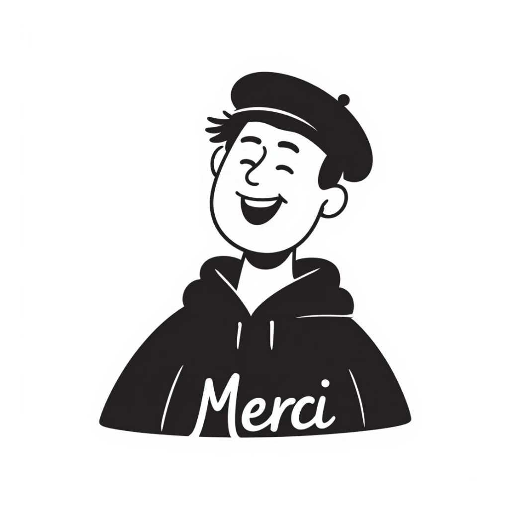 laughing man with black beret, sympathetic style, the word 'Merci' in handwritten font, text integrated, hand-drawn notion style sticker