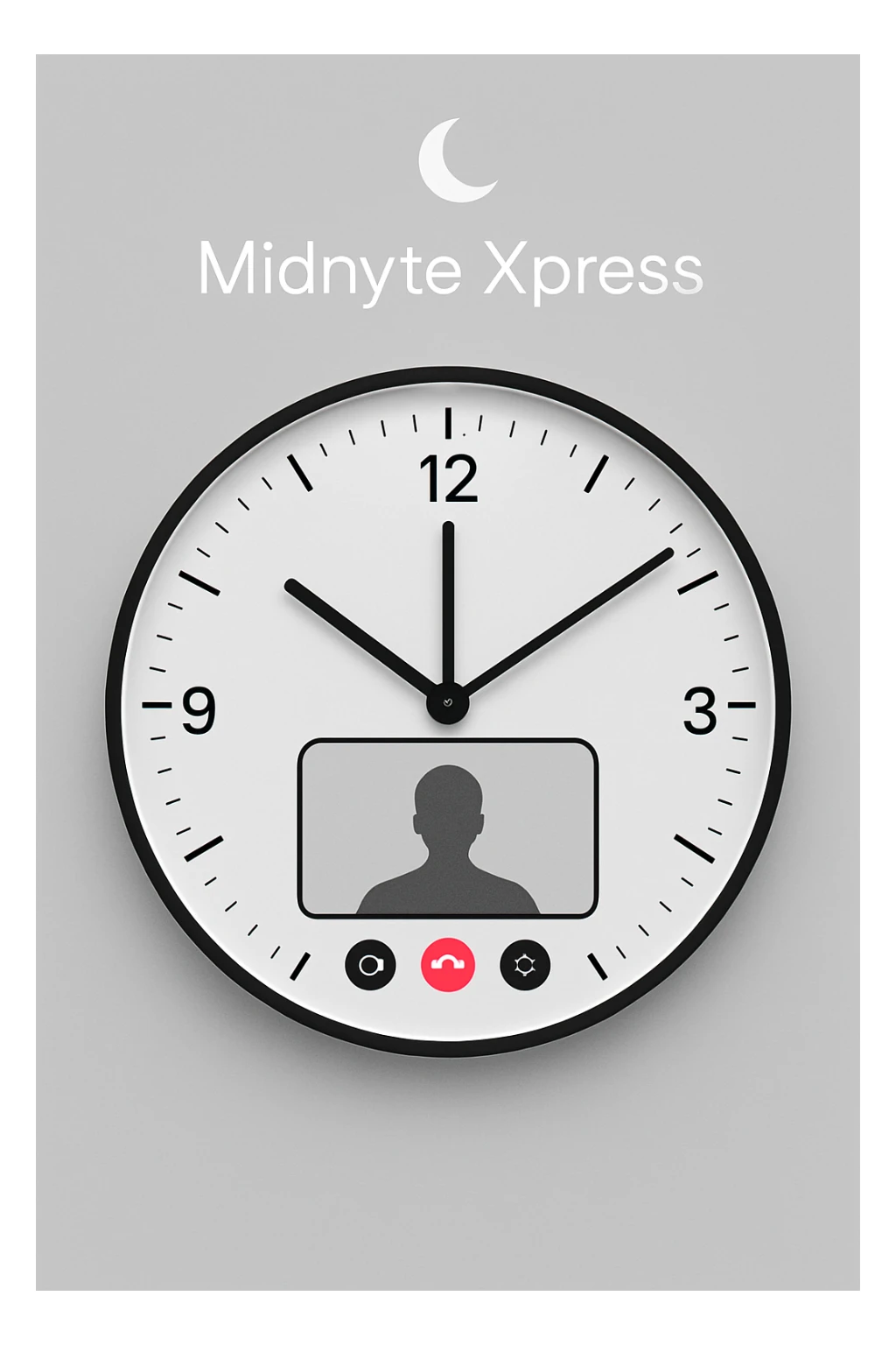 A stylized clock at 12:00 with a FaceTime call interface in the middle, 'Midnyte Xpress' written above, with a half moon icon above the text. Clean, contemporary, modern, clear, visually balanced, minimalist, tech-forward style. sticker