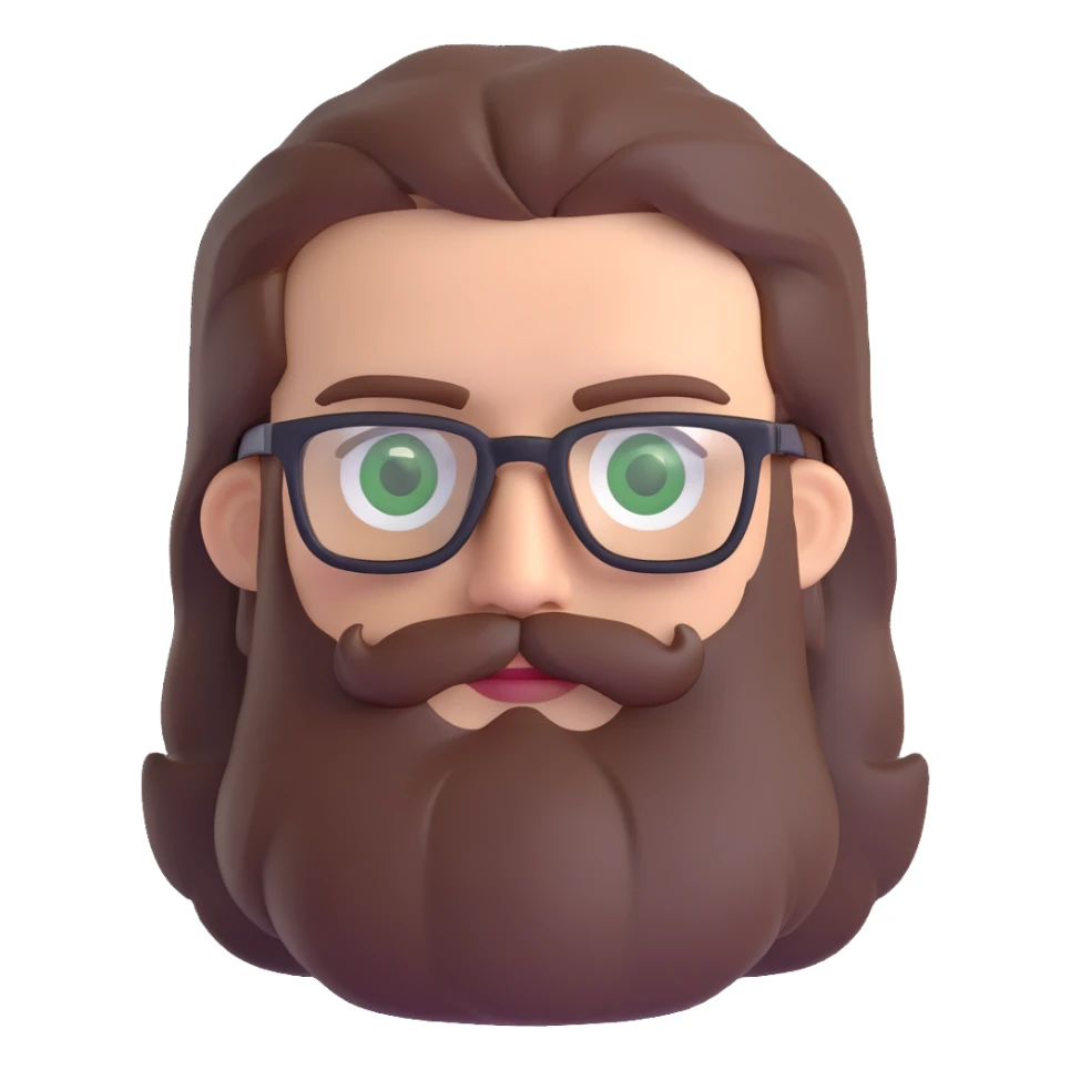 white male mid 30s green eyes black square glasses long brown beard with medium brown hair sticker