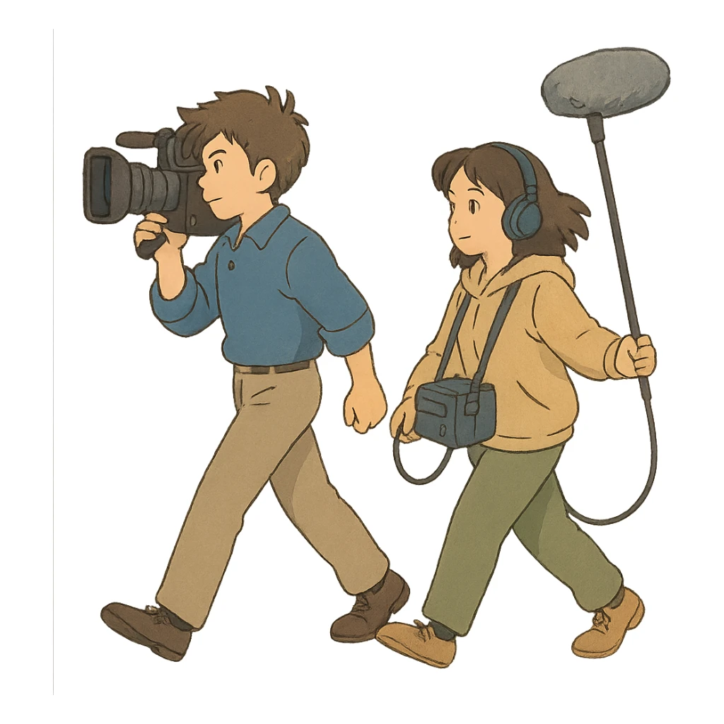 a flim crew, walking from left to right across frame: a cameraman, and a microphone operator sticker