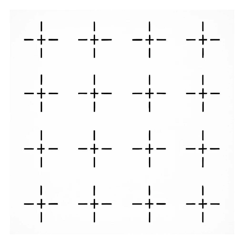 a series of layout markings spaced in an even symmetrical grid, as in camera viewfinder crosshairs. black and white high contrast, precision optics sticker