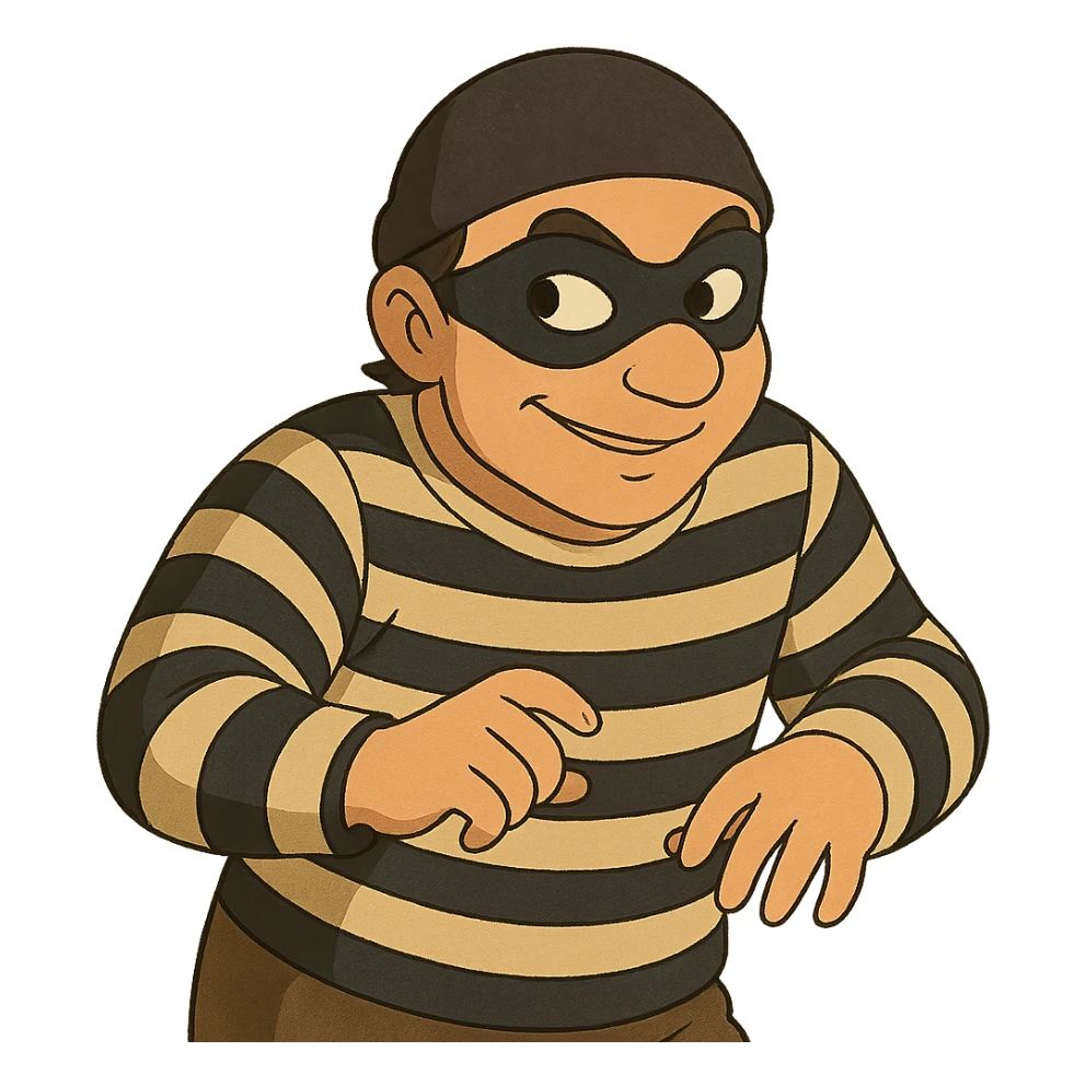 ghibli style robber with sneaky expression, black mask, striped shirt sticker