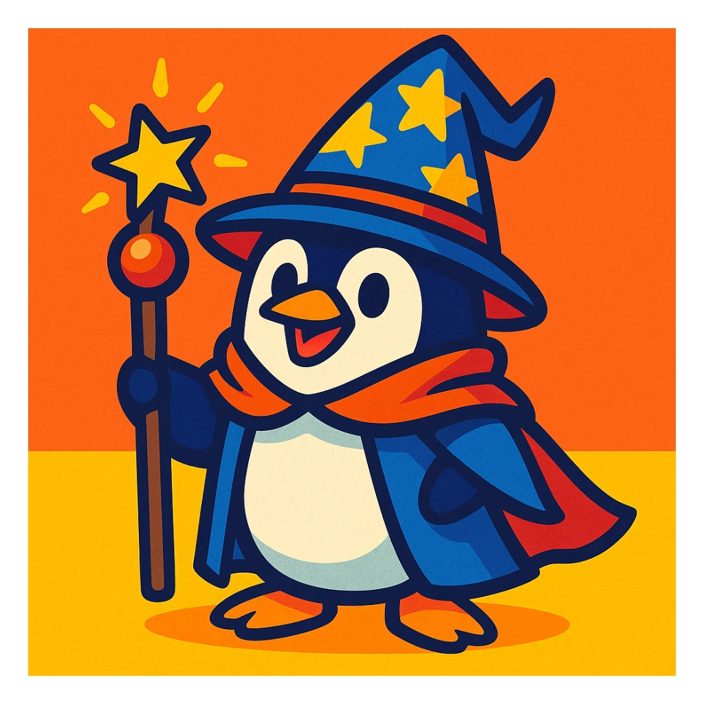 a penguin dressed as a wizard, with a pointy hat and a magic staff, in a fun and whimsical style, colorful vibrant toon style sticker