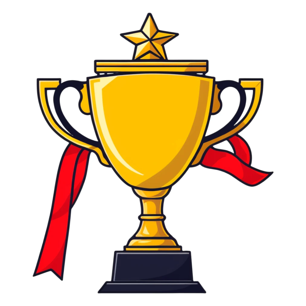 golden championship trophy with red ribbons sticker